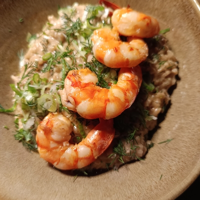 Risotto a l'ail, gambas flambée image