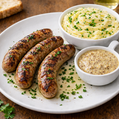 Saucisses de Veau Corse, écrasée de pommes de terre, sauce moutarde à l'ancienne image