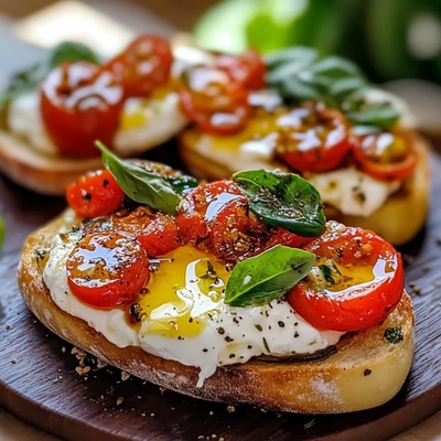 Grande bruschetta à la burrata, carpaccio de tomates, anchois de Cantabrie et basilic frais image