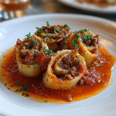 Calamars farcis à la soupe de tomates épaisse, chou noir et poireau frit image