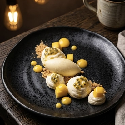 Mousse au chocolat blanc, mangue et graines de fenouil caramélisées image