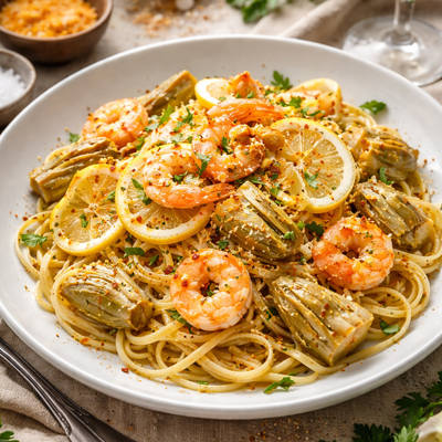 Linguini aux artichauts et  crevettes parsemée de bottarga image