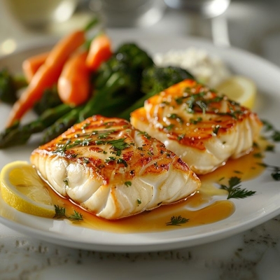 Filet de poisson grillé, carottes au beurre image