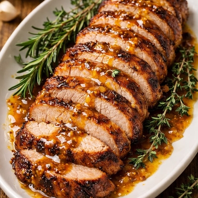 Pluma de porc, jeunes pousses d'épinard, pommes de terre rustiques, miel et moutarde à l'ancienne image