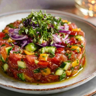 Tartare de thon rouge, citron vert, jeunes pousses du potager et légumes en pickles image