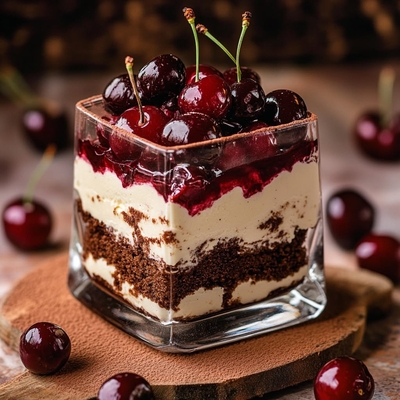 Nuage de mascarpone, griottes et crumble au chocolat noir, fleur de sel image